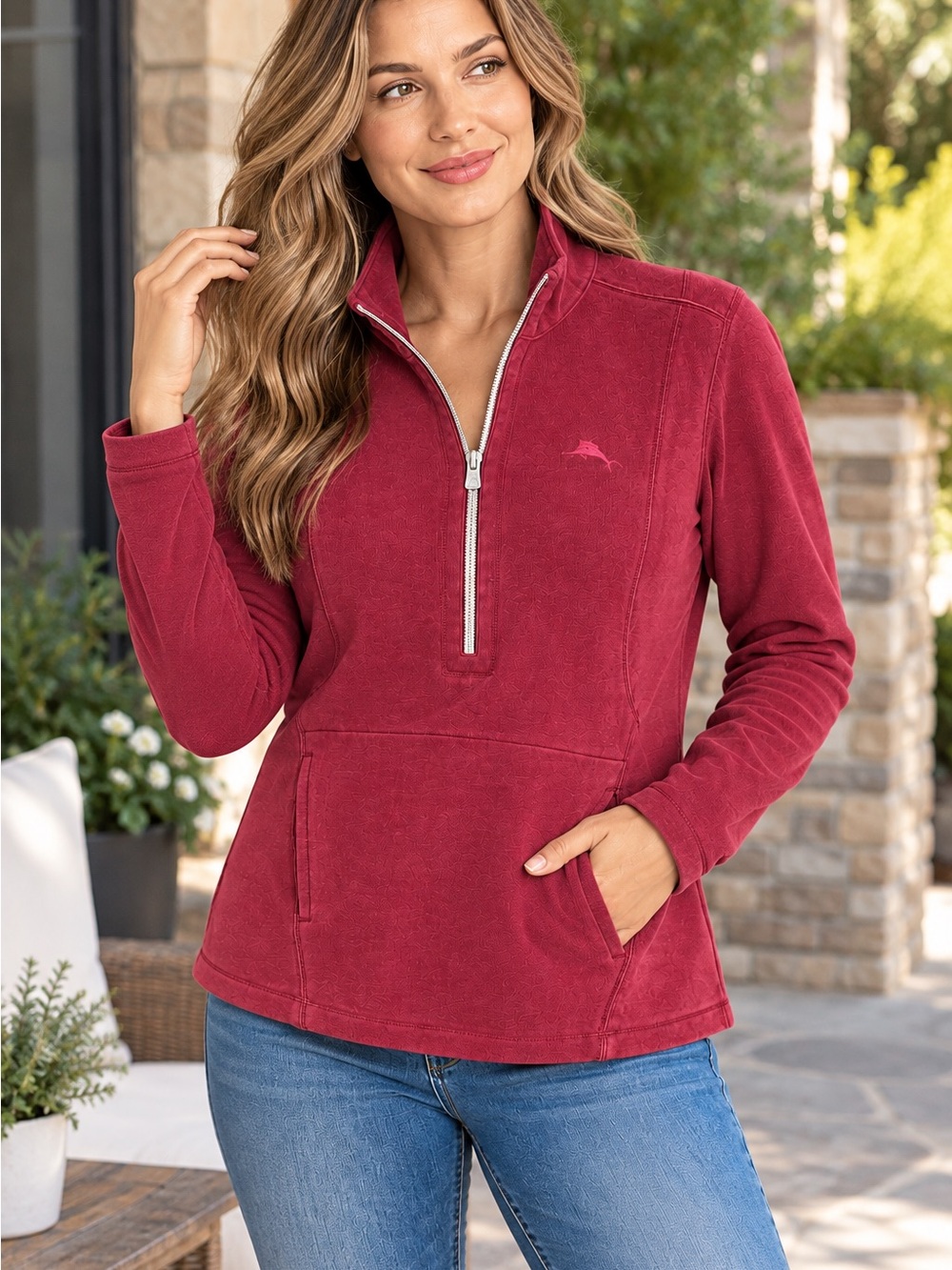 T67 Tommy Bahama Burgundy Ribbed Half Zip Pullover Size S Petite Cotton Blend